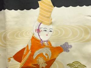 アンティーク　役者模様刺繍紋付男児着物(内袖・長襦袢付き)